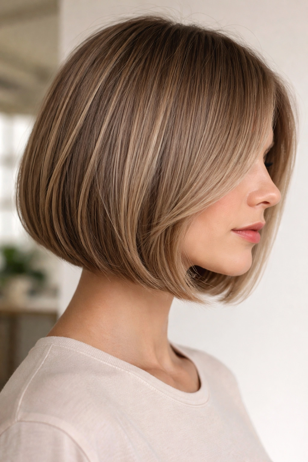 Close-up of chin-length blunt bob with invisible interior layers