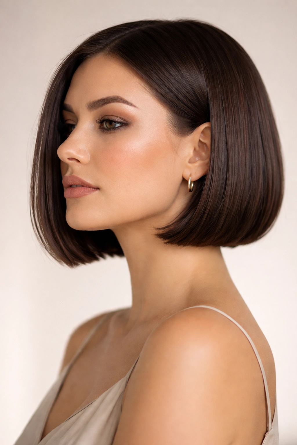 Close-up portrait of a blunt bob cut just below the jawline with a crisp edge