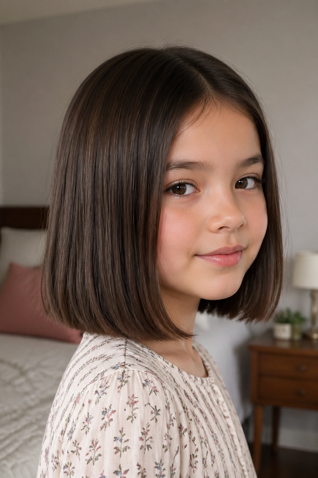 Close-up of a child’s face with a classic blunt medium bob and even ends.