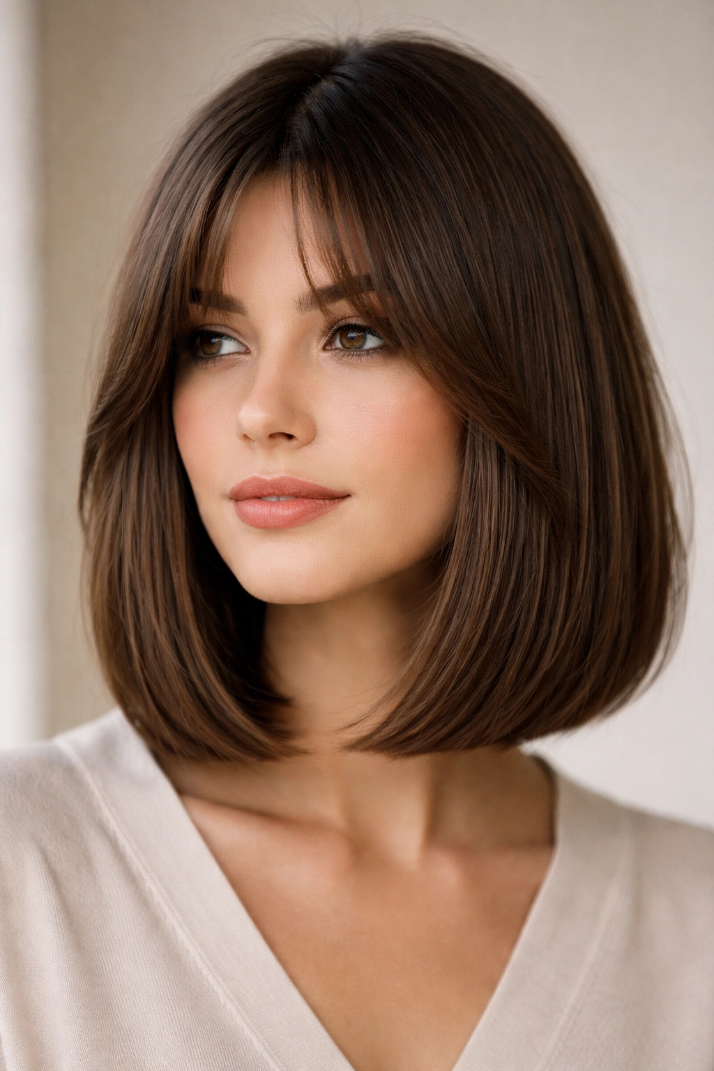 Blunt bob with long face-framing curtains viewed from the front three-quarter angle