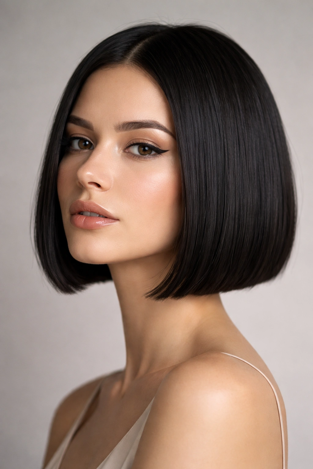 Close-up of a model wearing a crisp chin-length blunt bob framing the jawline
