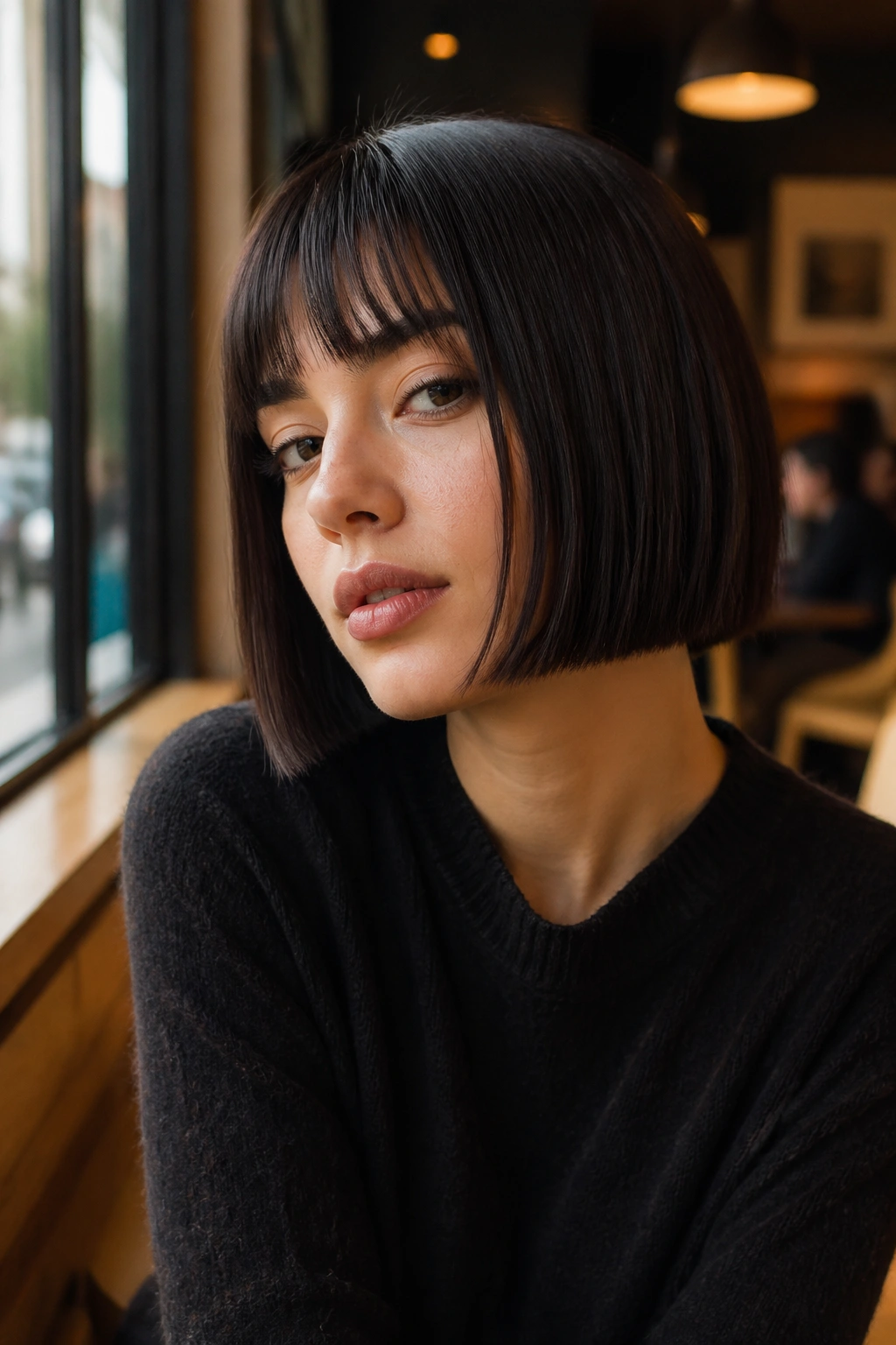 Close-up of a woman with a classic blunt bob at chin-length with even ends in warm cafe light