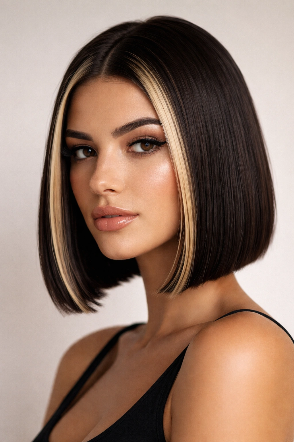Sleek blunt bob with two bright face-framing ribbons at the temples.