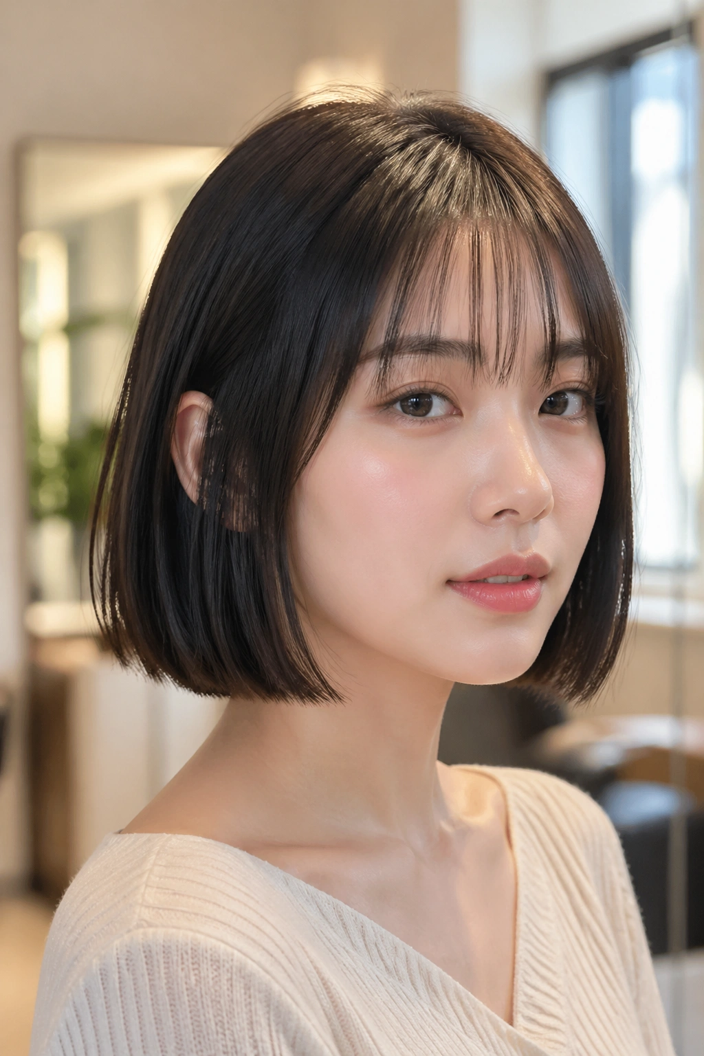 Close-up portrait of a real woman with blunt chin-length bob and see-through bangs in warm window light.