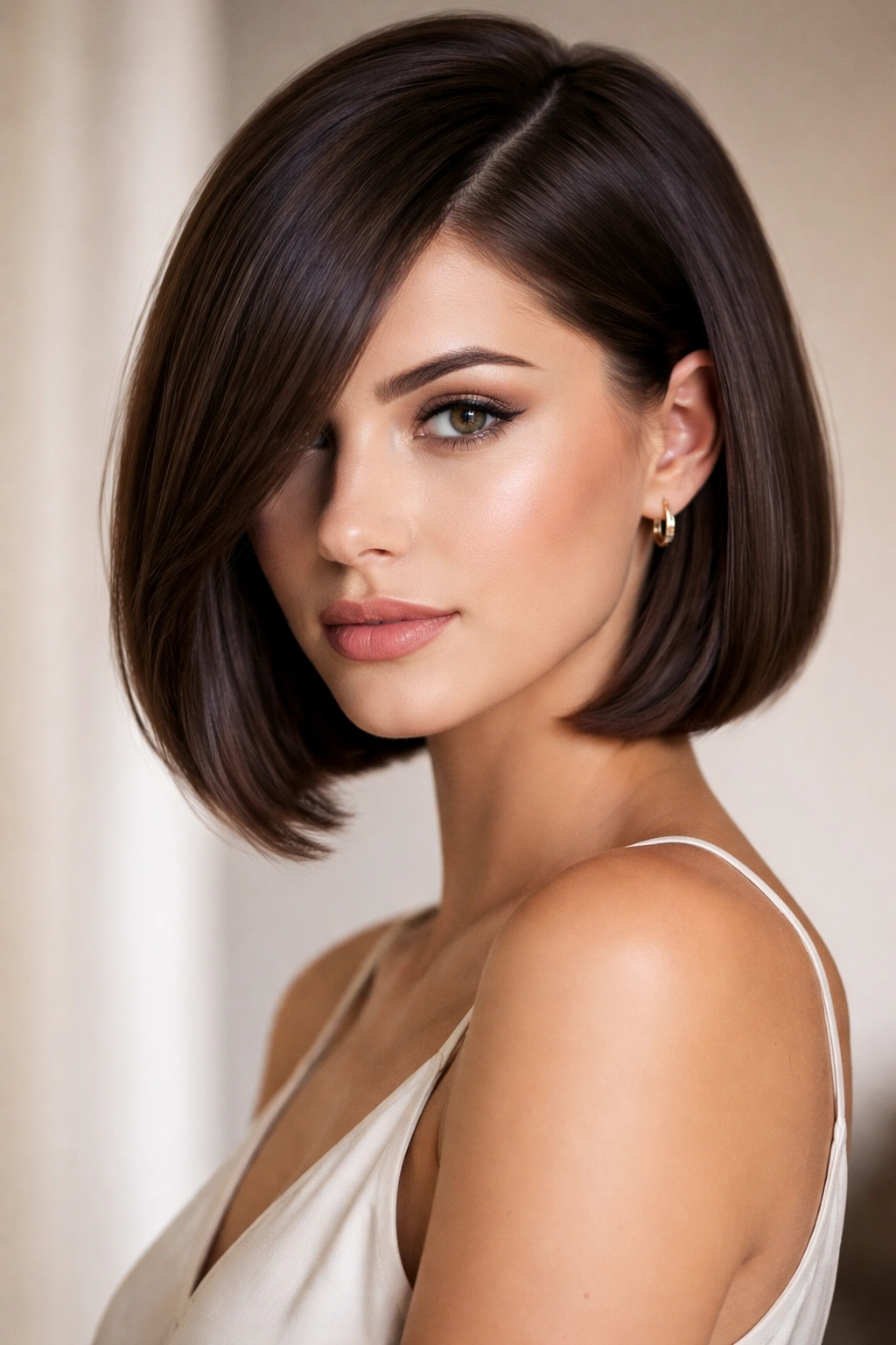 Blunt bob with deep side part and side-swept fringe around eye