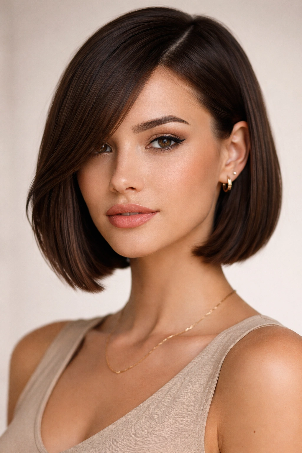 Blunt bob with long side sweeps framing the upper face.