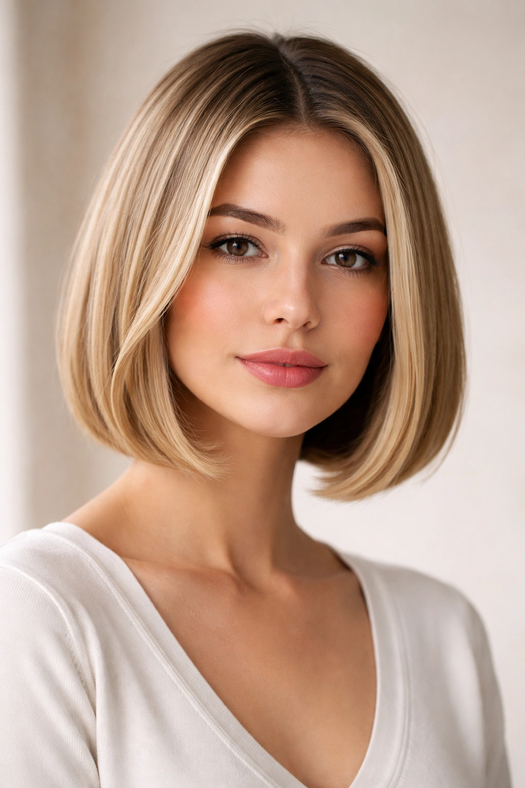 Close-up of a blunt bob with a soft bend at the ends showing a tidy, approachable line