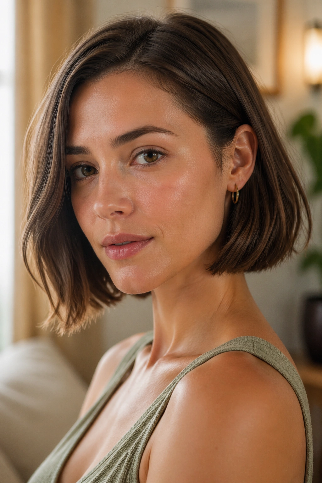 Close-up portrait of a woman with blunt bob and soft bend in warm window light.