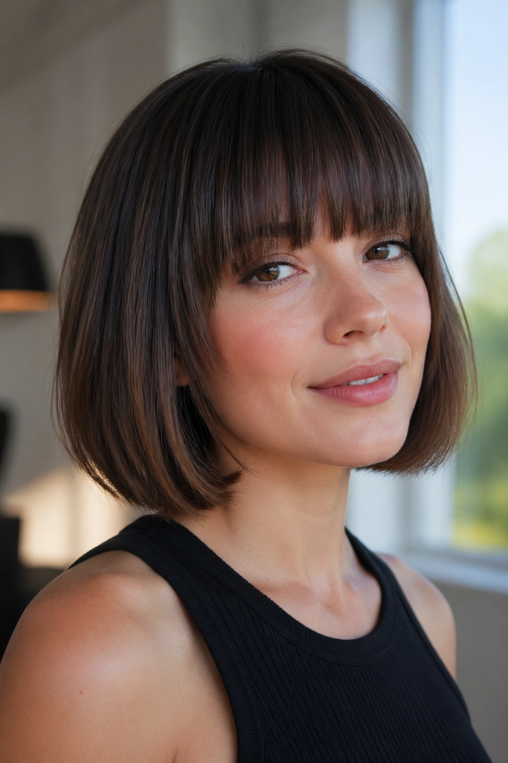 Portrait of person with blunt bob, soft internal layers and full bangs
