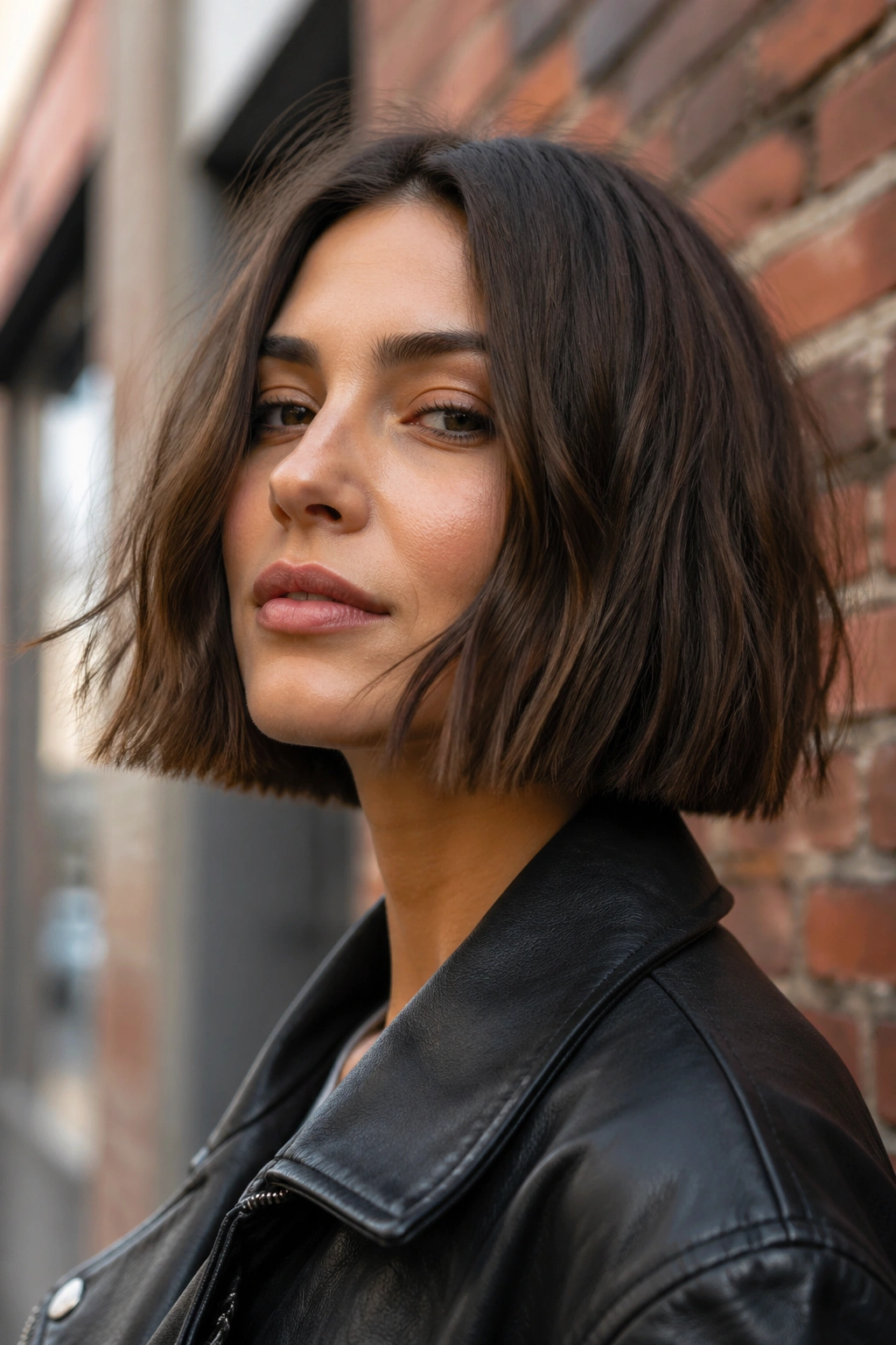 Close-up portrait of a real woman with a blunt scruffy bob