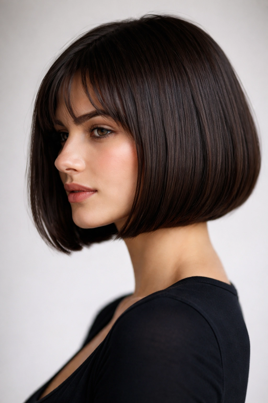Close-up of a model with a chin-length blunt bob featuring a subtle under-bevel and thick glossy hair.
