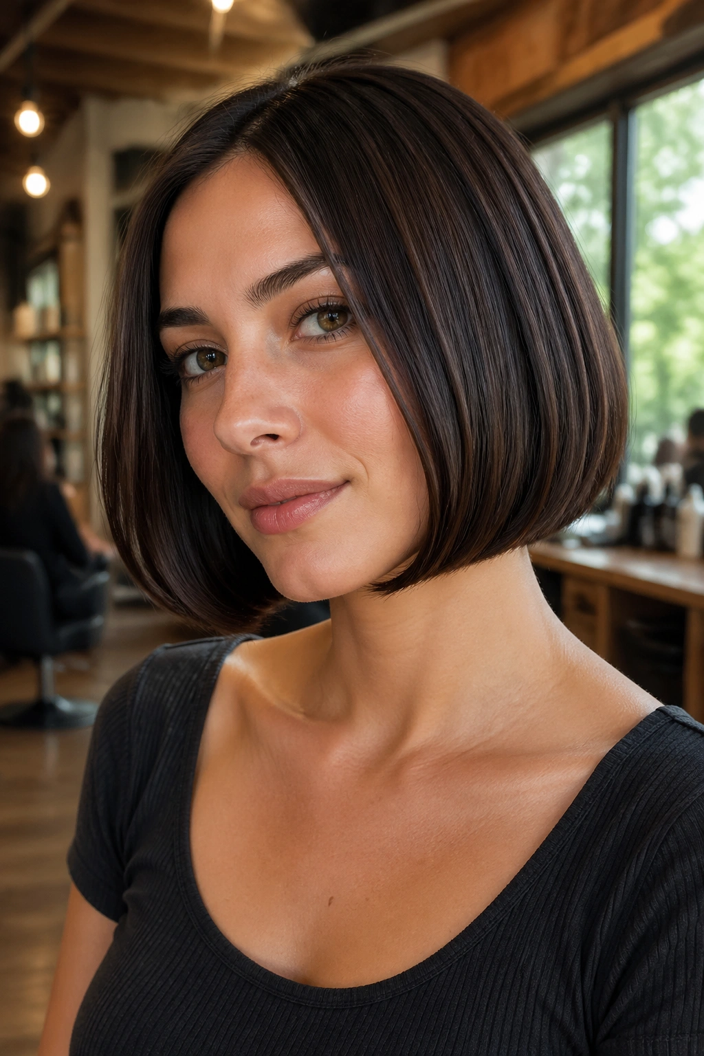Close-up of a real woman with a blunt bob featuring a soft under-curve at the jaw.