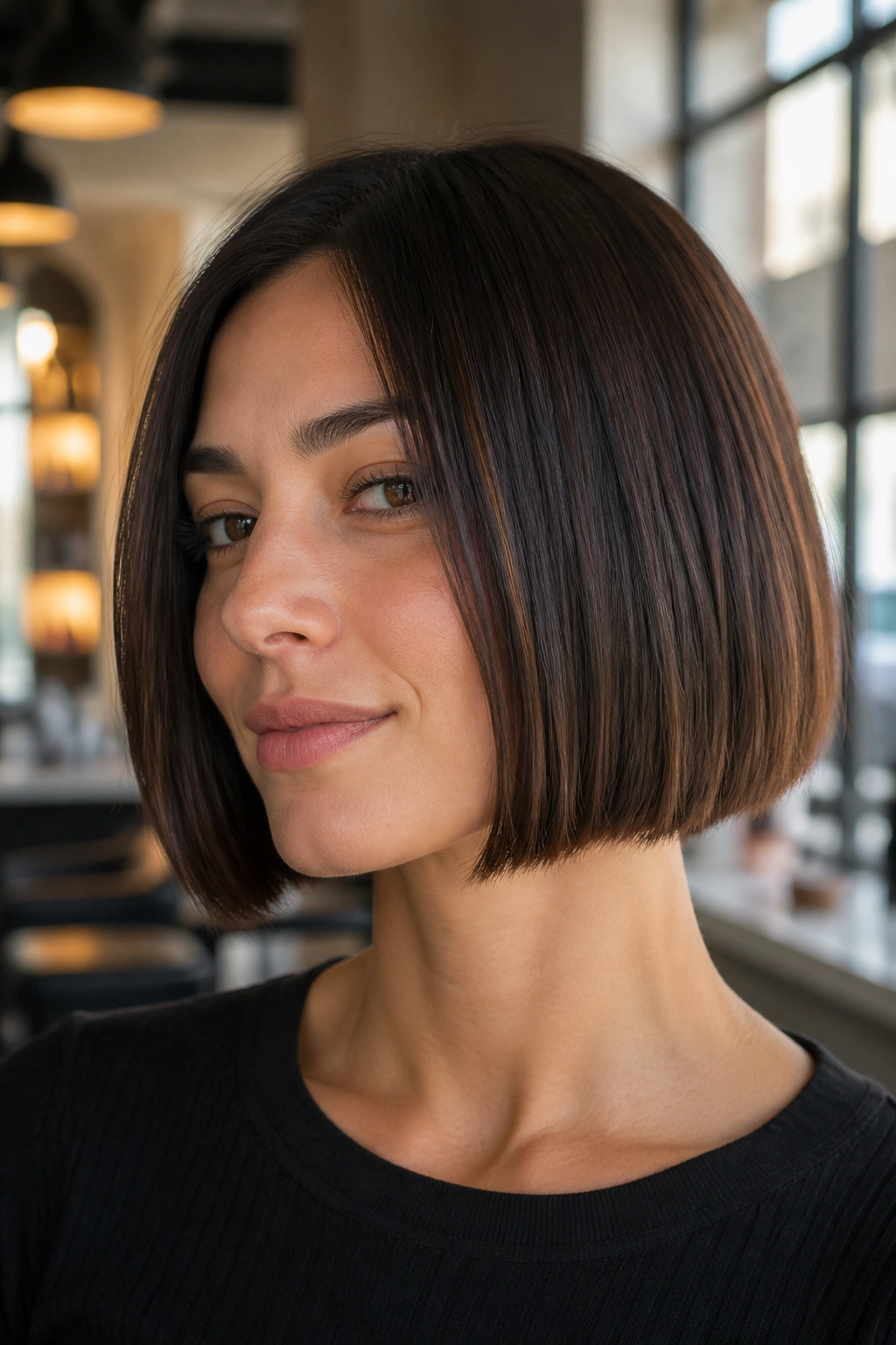 Close-up of a real woman wearing a blunt chin-length bob with a sharp jawline edge.