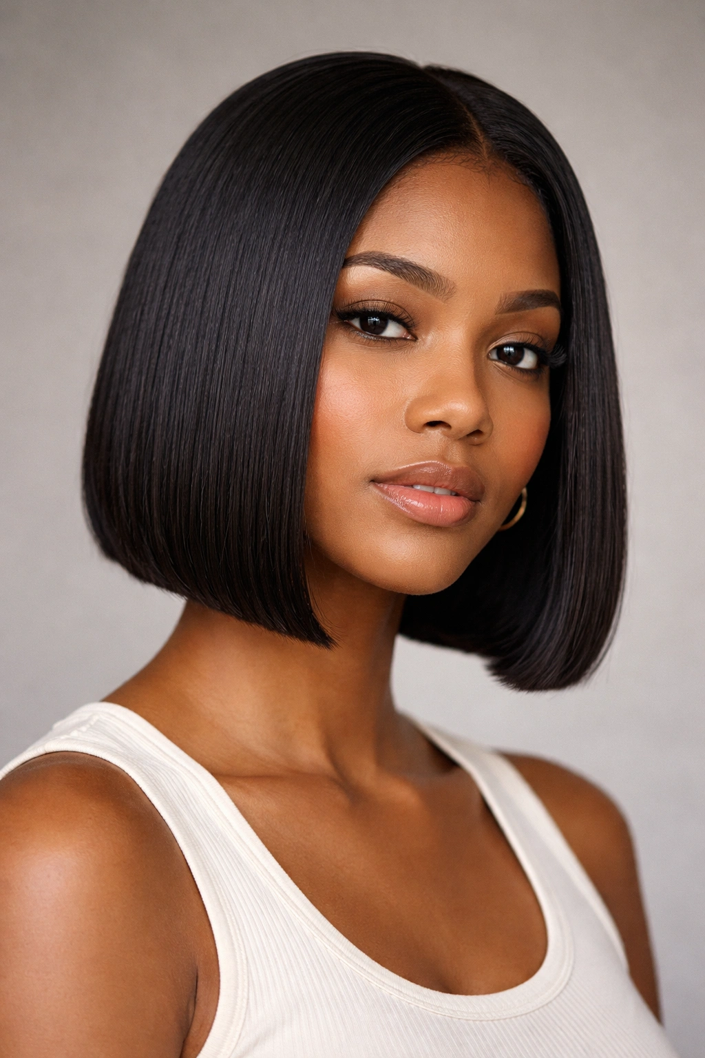 Close-up of a blunt chin-length bob with a crisp, even perimeter on relaxed hair.
