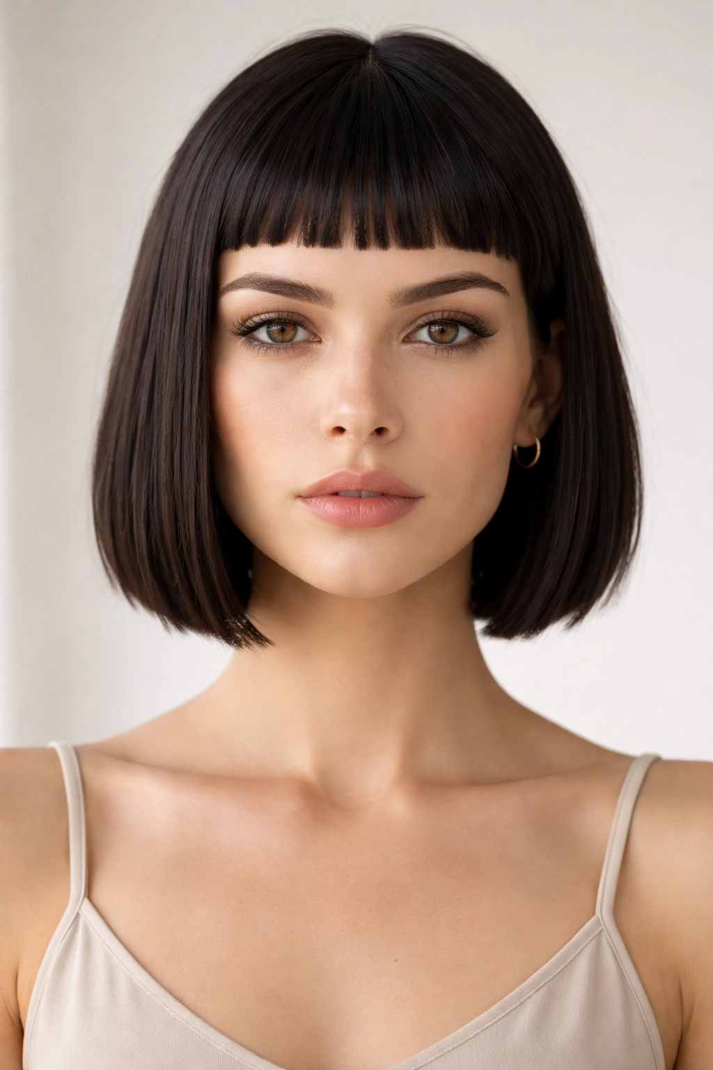 Frontal view of blunt chin-length bob with micro bangs, crisp straight line