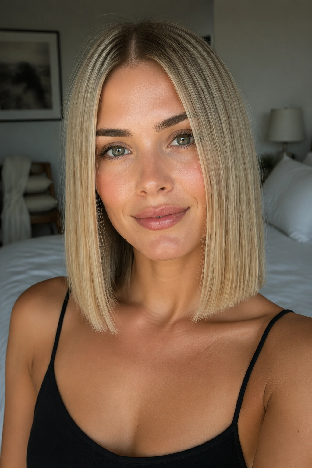 Close-up portrait of a real woman with a blunt collarbone lob on fine straight hair, natural window light