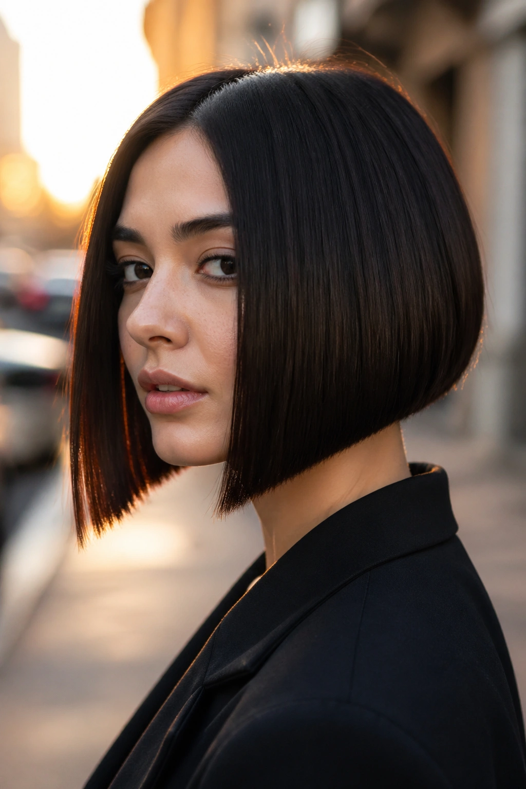 Portrait of a real woman with a blunt concave bob and smooth edge
