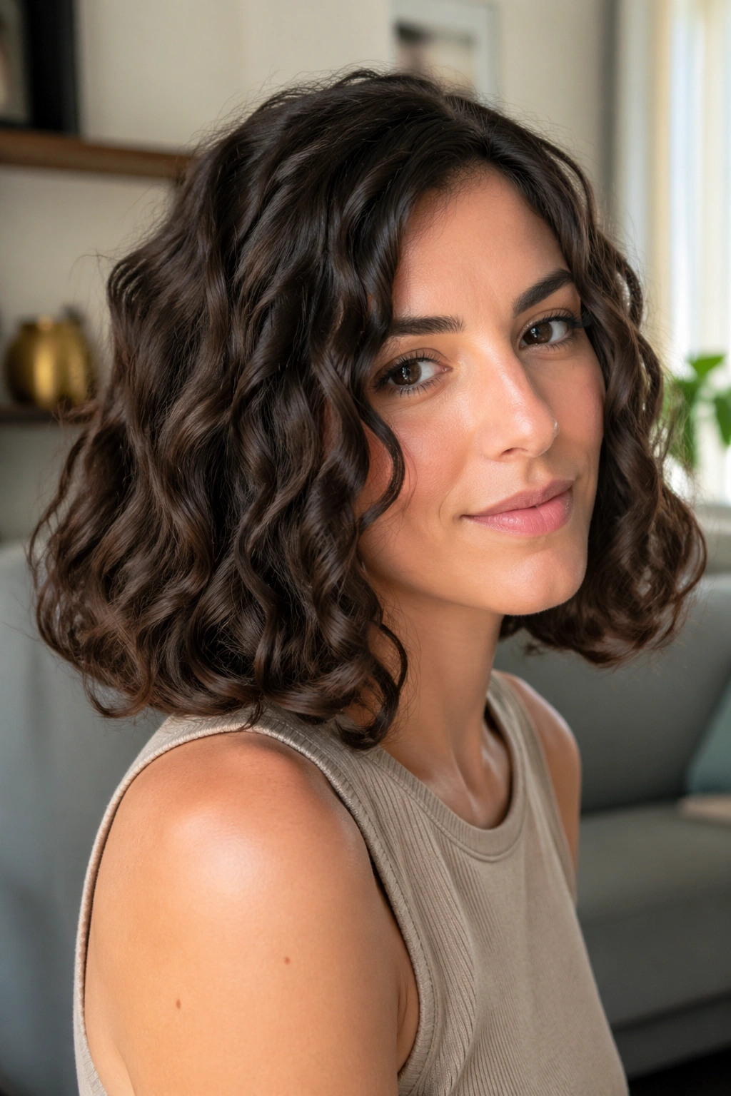 Portrait of a real woman with blunt long curly bob and clean ends in soft daylight.