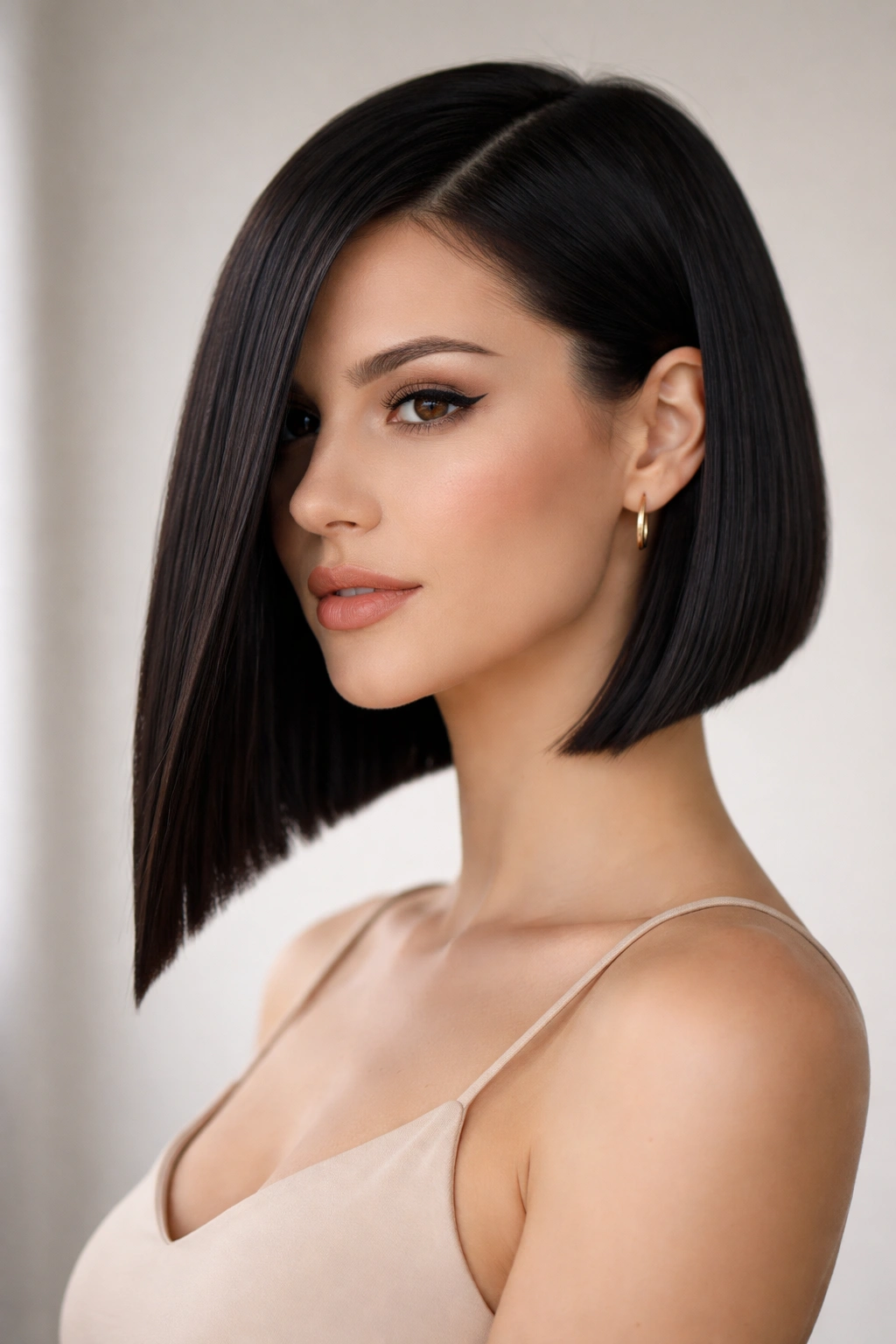 Blunt diagonal bob with a sharp, crisp edge on a model