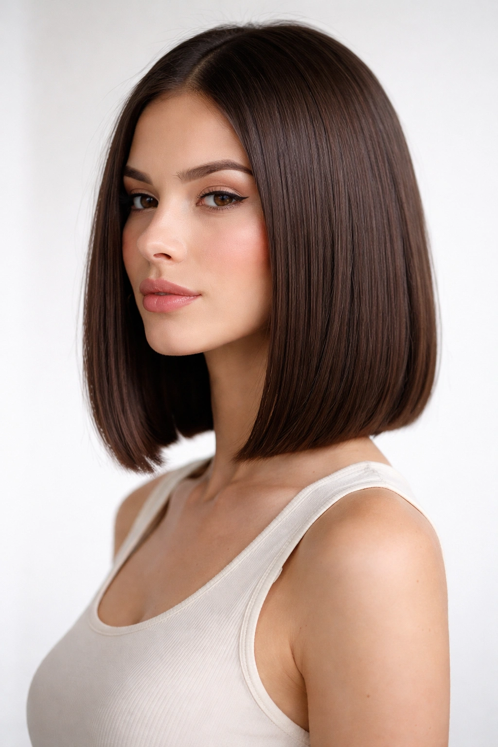 Shoulder-length bob with a blunt edge on a model in a studio
