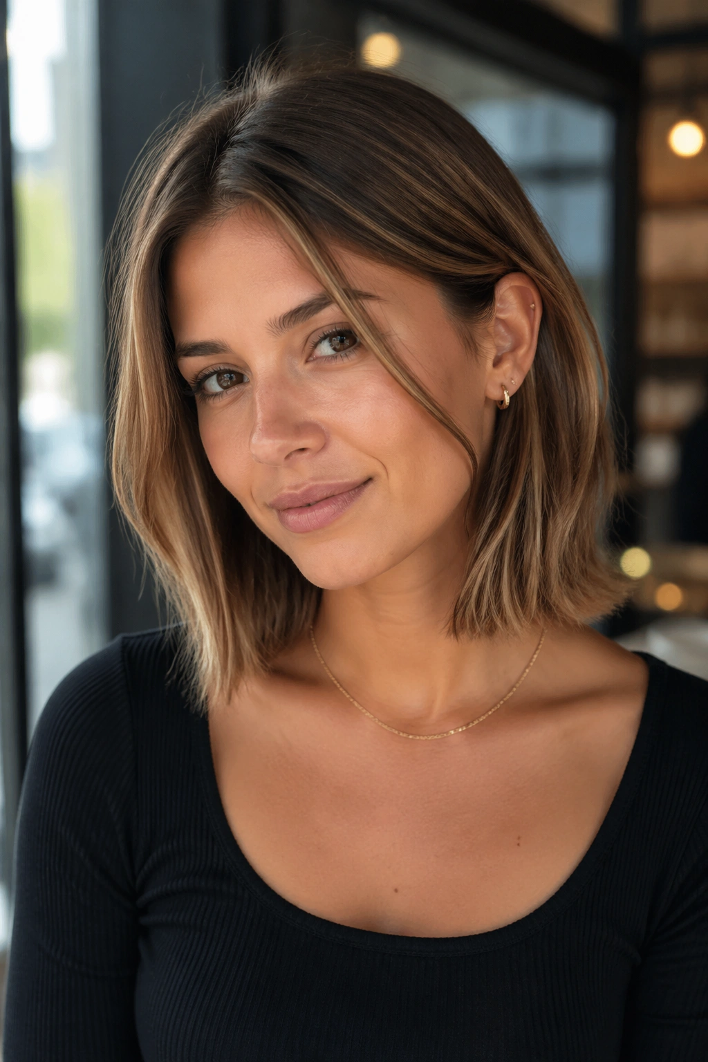 Portrait of a woman with blunt-ended shoulder-length bob and soft top layers