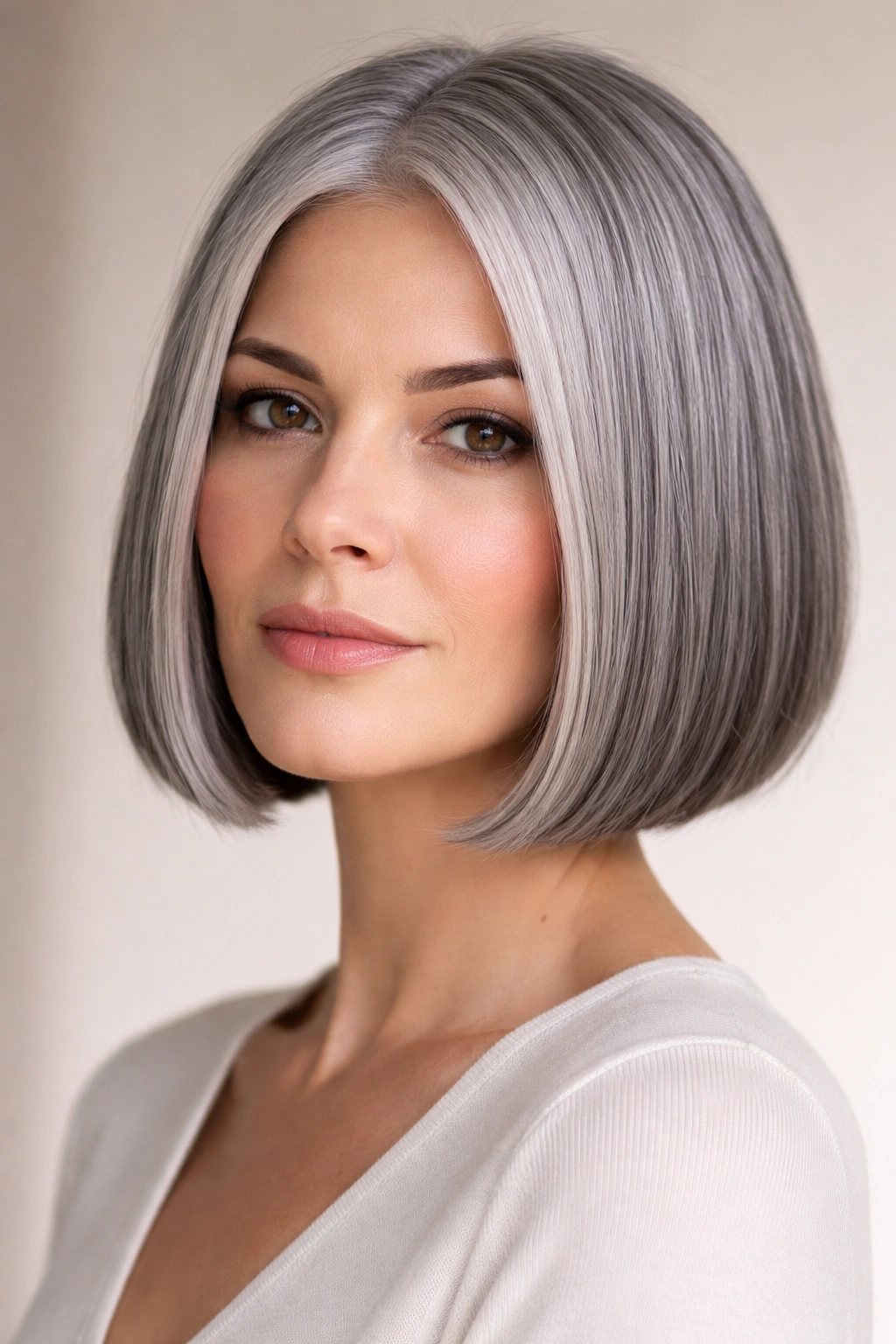 Close-up of a chin-length blunt grey bob with crisp ends.