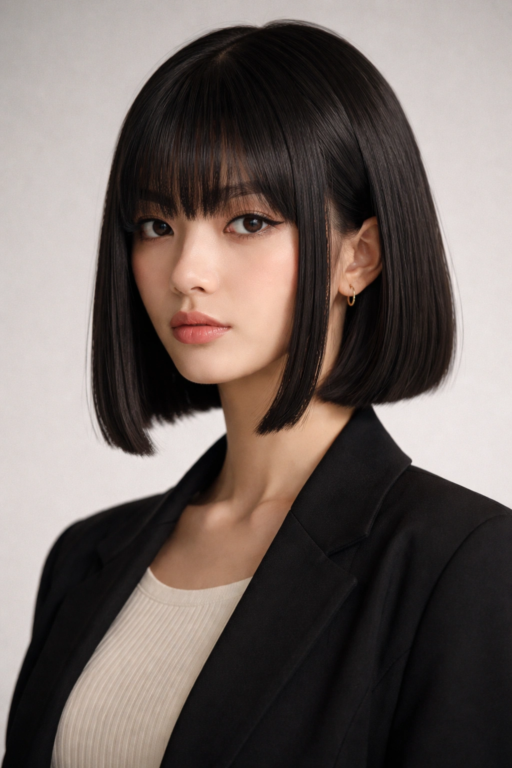 Close-up of a blunt hime cut bob with full fringe and cheek-length panels.
