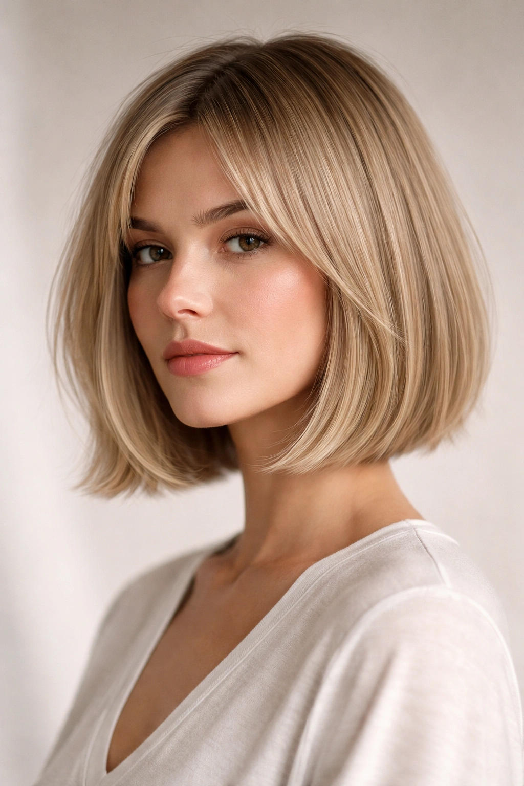 Close up of blunt hush cut bob with feathered ends and subtle movement