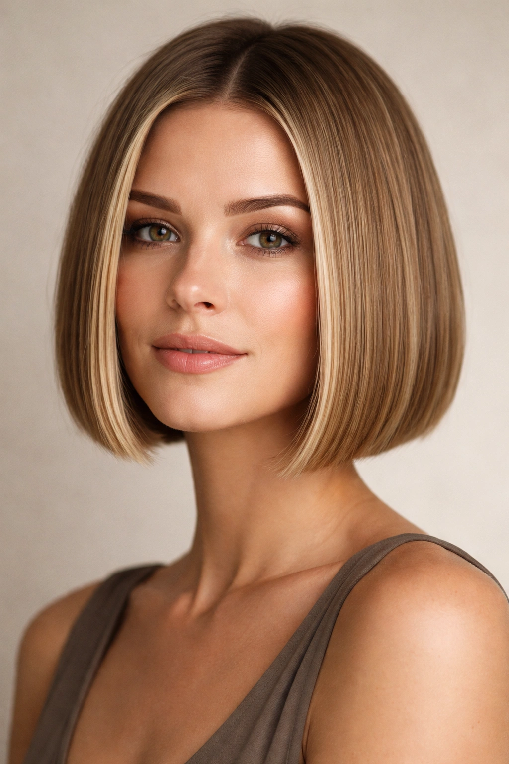 Close-up of a model's chin-length blunt bob showcasing a crisp jawline edge