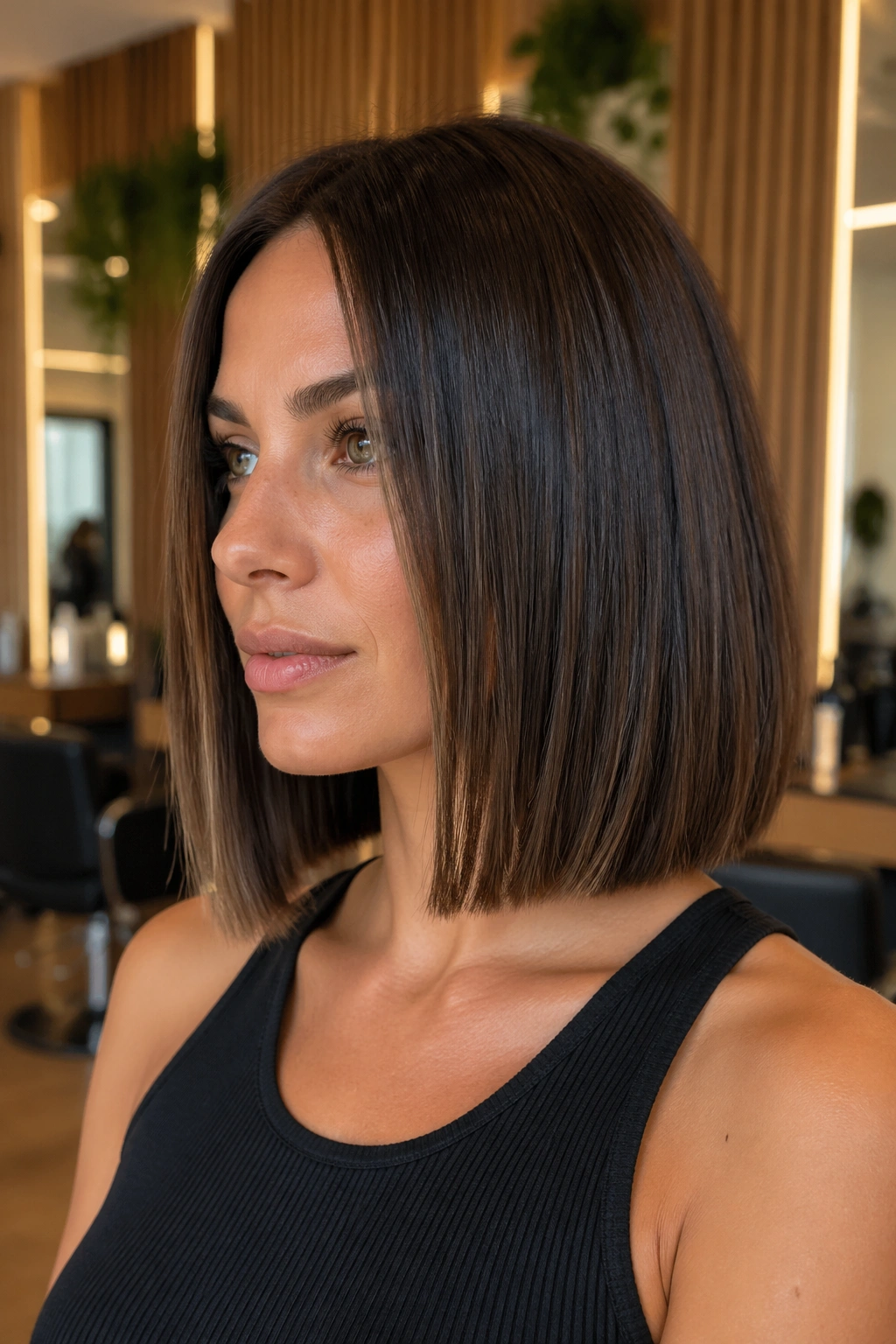 Close-up of a real woman with a blunt lob and hidden weight removal