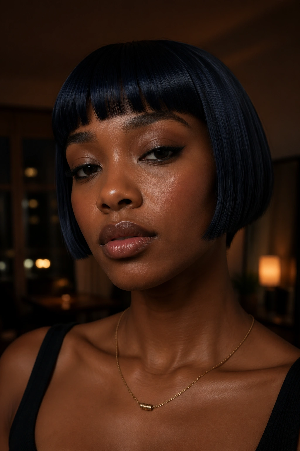 Close-up of a real woman with blunt micro bob and blue-black gloss