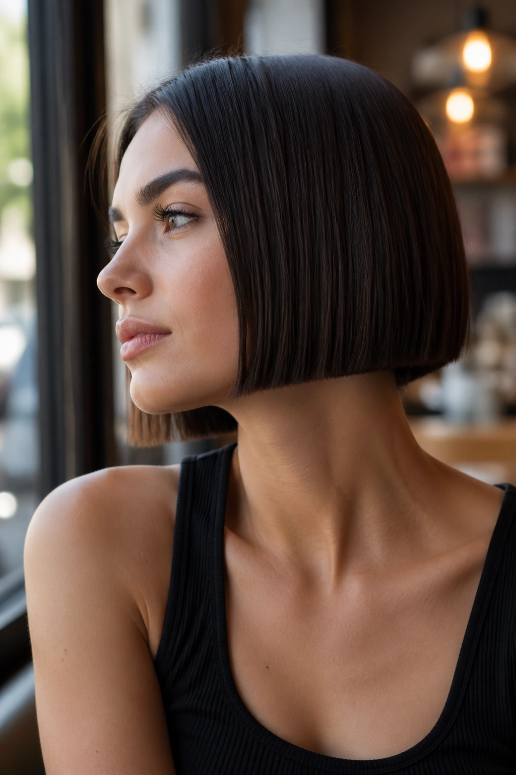 Close-up portrait of a real woman with a blunt micro bob cut at jawline in cafe daylight