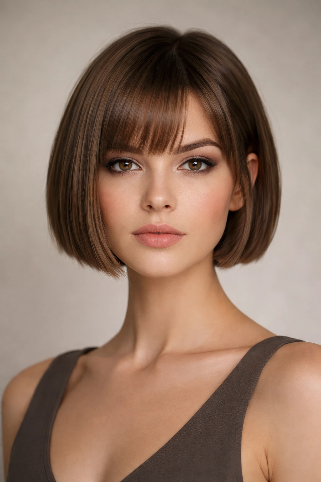 Blunt pixie bob with crisp straight edges and clean jawline