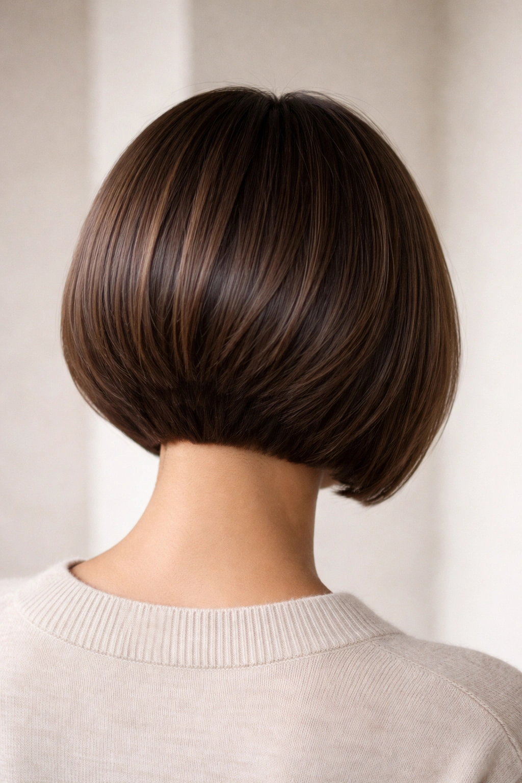 Rear view of blunt stacked bob emphasizing crisp edges and dense back.