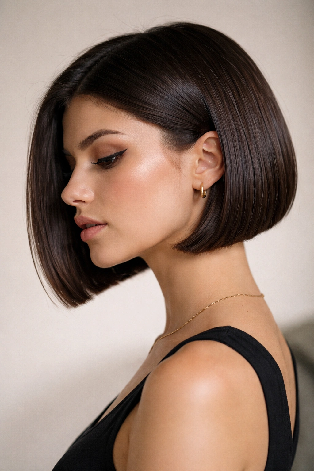 Front view of a chin-length blunt bob with hidden undercut at the nape