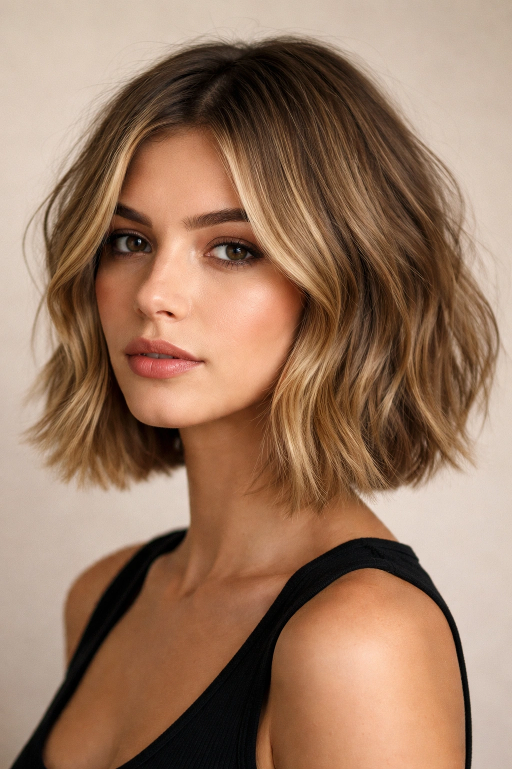 Blunt wavy bob with barely-there highlights in dirty blonde, soft waves and muted sun-kissed color