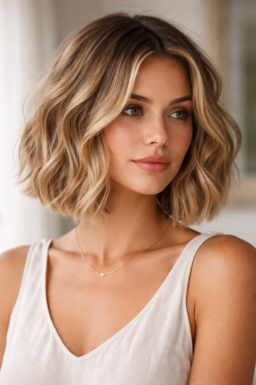 Front view of blunt wavy bob with invisible layers and subtle waves.