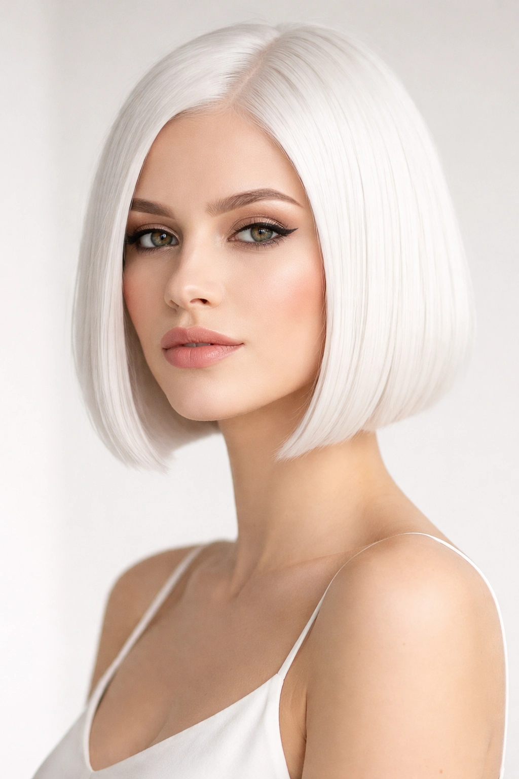 Close-up of icy white chin-length blunt bob with sharp edge