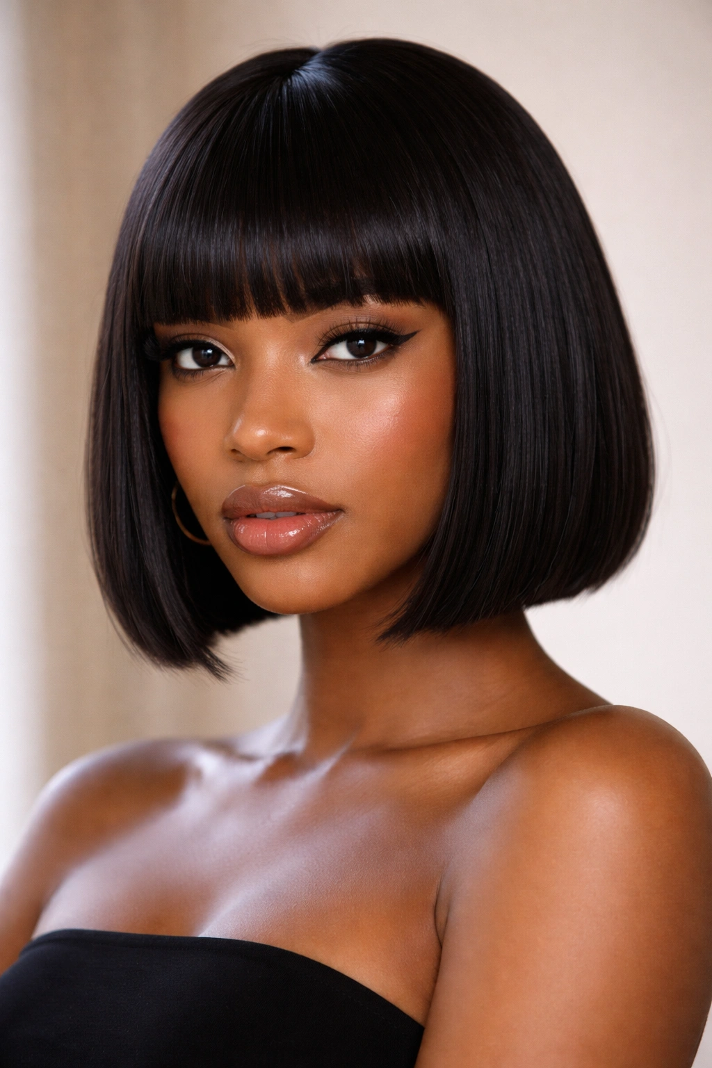Close-up of a person with blunt bob and straight-across bangs framing the face