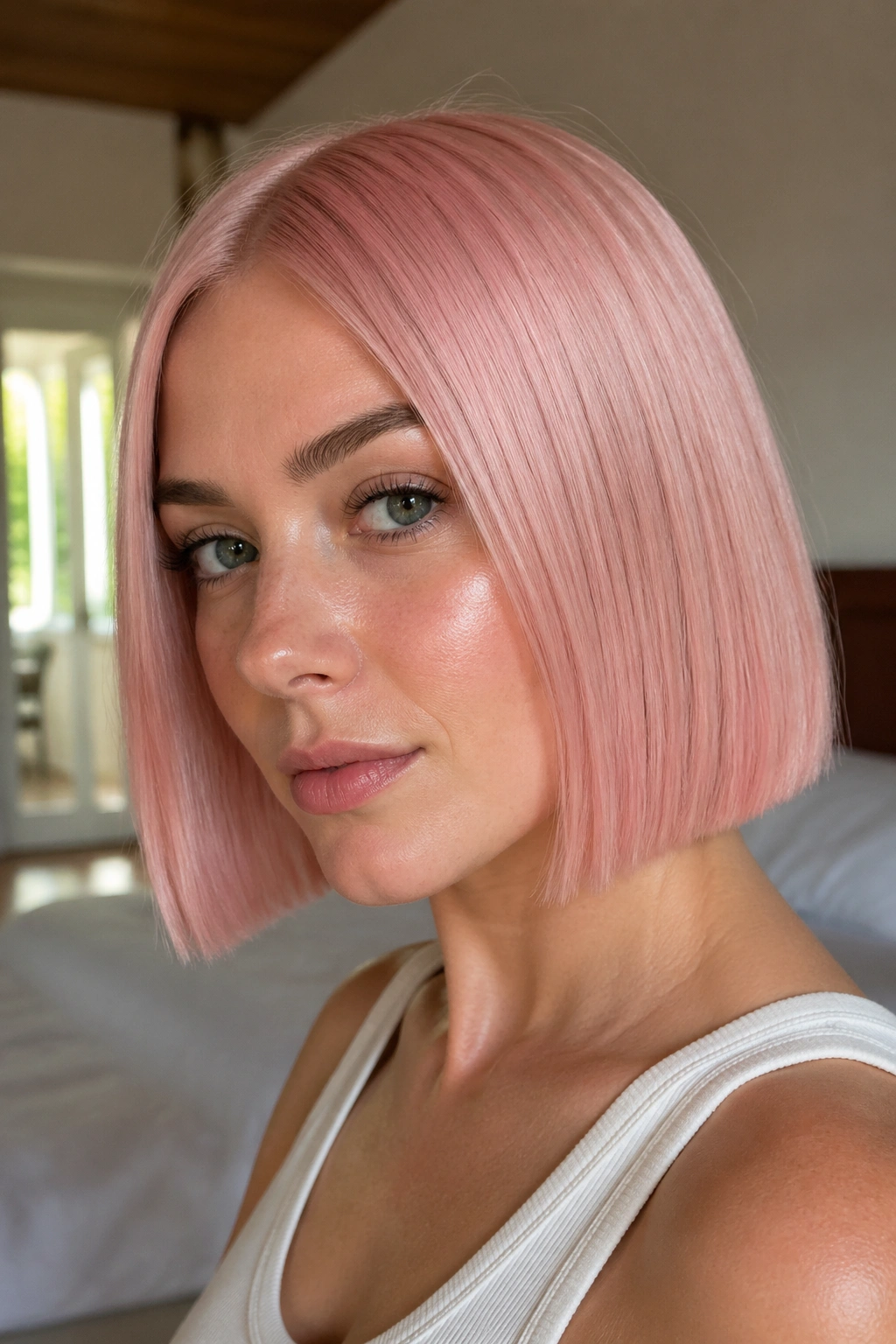 Close-up of a real person with a blush pink blunt-edge bob at chin length