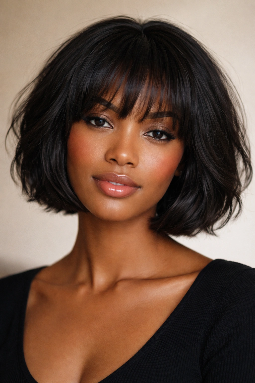 Bob with soft fringe framing the face in a studio portrait