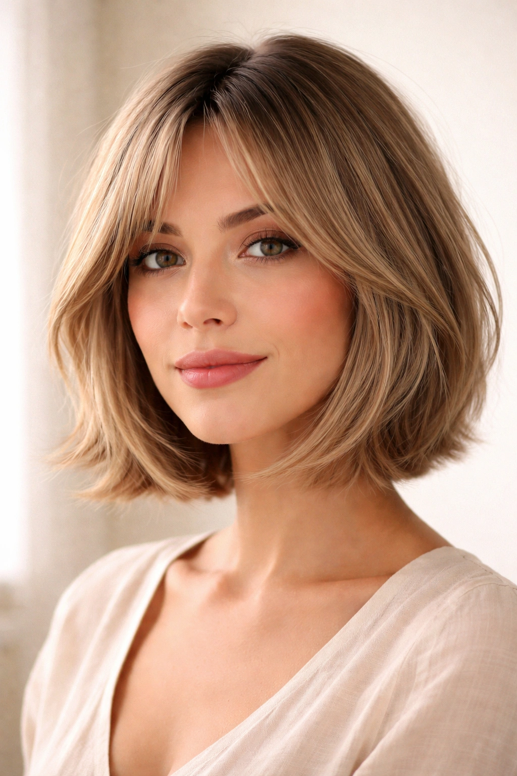 Bob hairstyle with curtain bangs framing the face on head-and-shoulders portrait