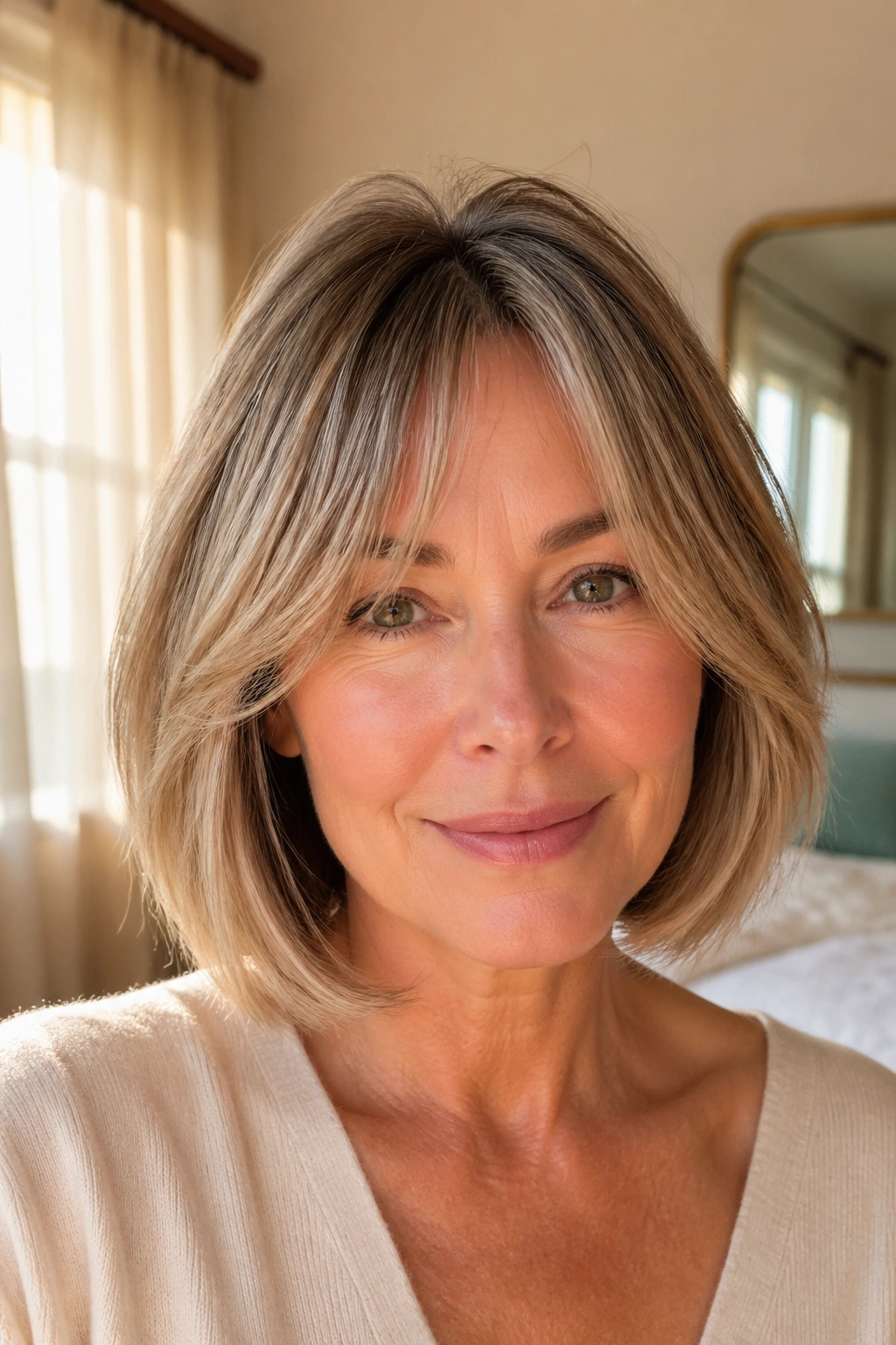 Real woman with bob and curtain bangs in a sunlit bedroom