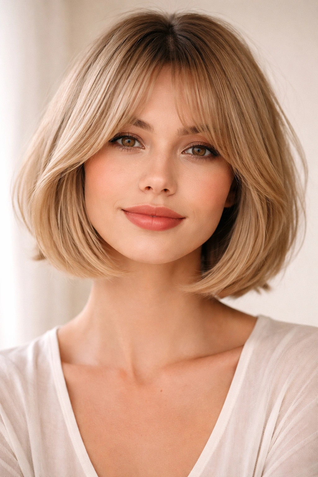 Close-up of a fine-hair bob with curtain bangs, front view