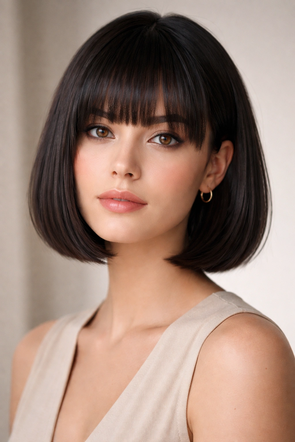 Close-up of a chin-length bob with blunt bangs resting near the eyebrows