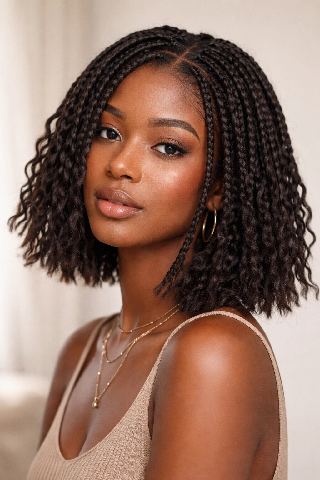 Close-up of bob-length Afro boho braids with choppy ends