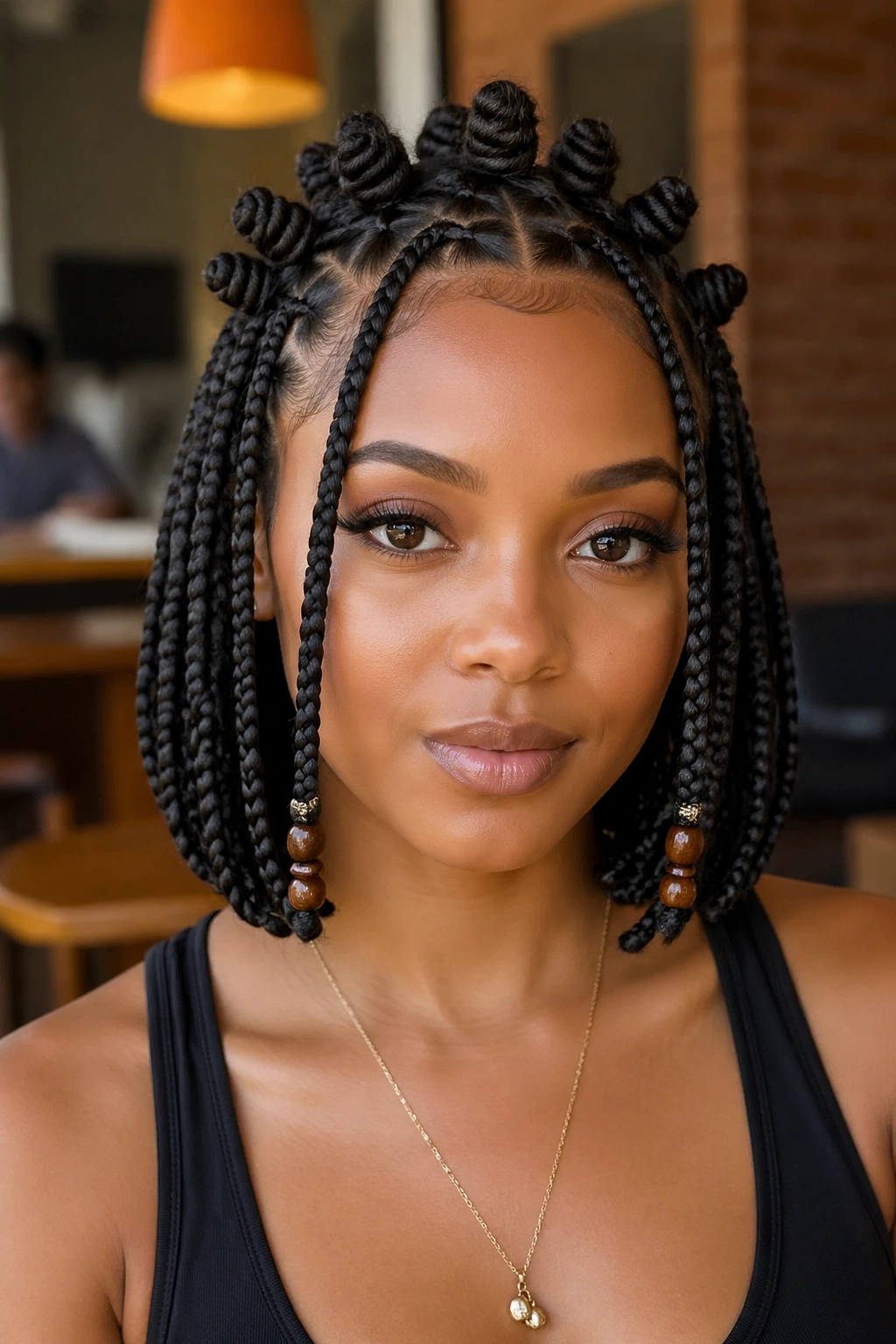 Real woman with bob-length Fulani braids and mini Bantu knots