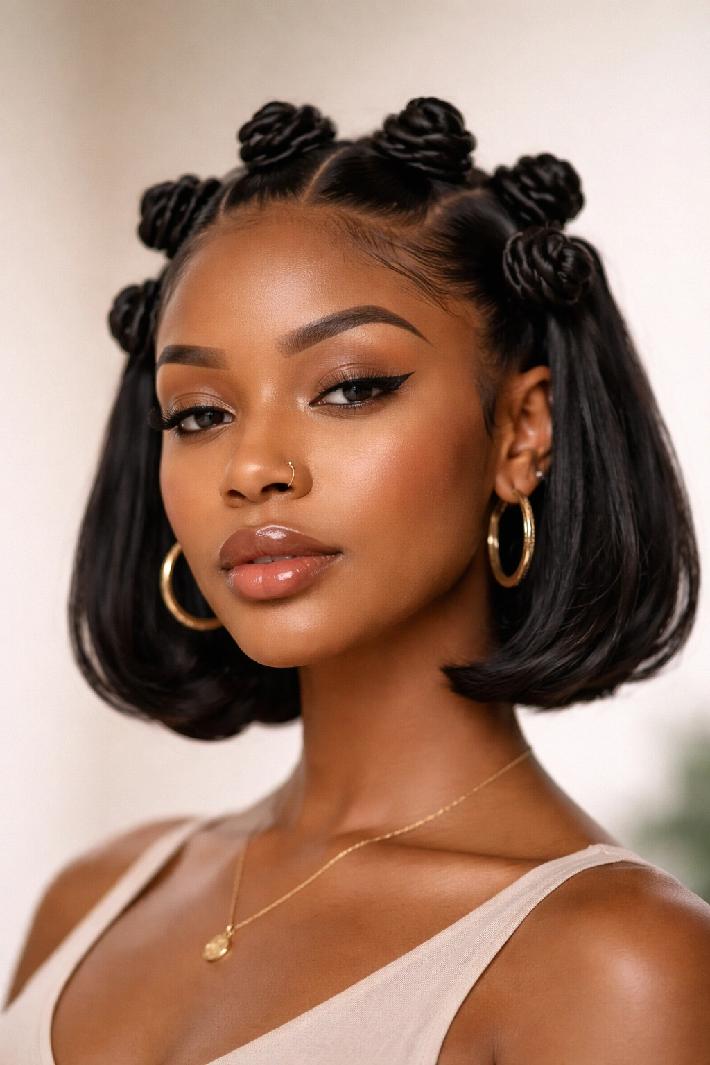 Close-up of bob-length Bantu knots along jawline with ends near chin