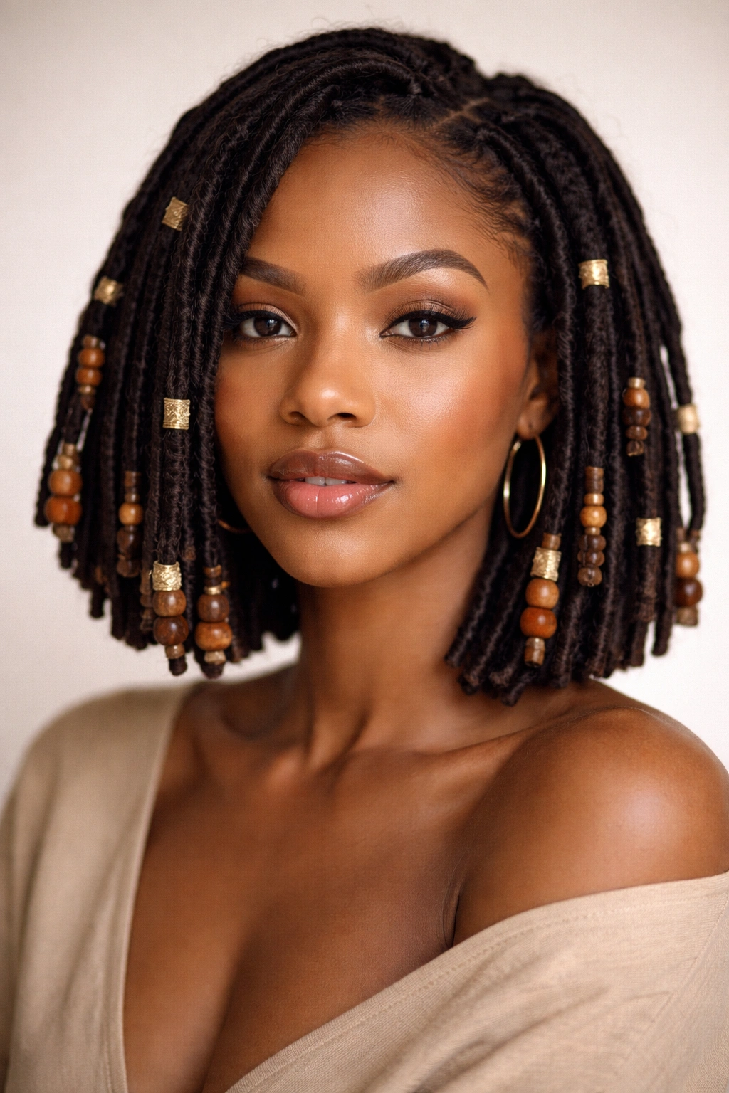 Bob-length locs at jawline with wooden beads and brass cuffs