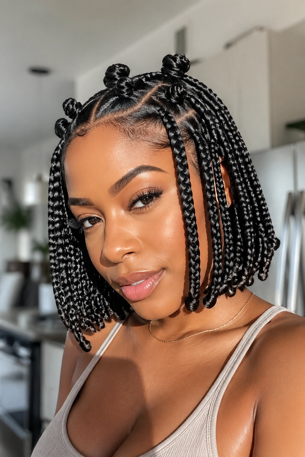 Close-up of a real woman with bob-length stitch braids and small Bantu knots